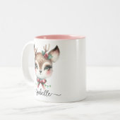 Schattigee gepersonaliseerde kerst rendieren tweekleurige koffiemok (Voorkant links)
