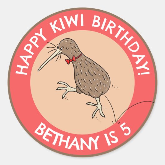 Schattigee gepersonaliseerde kiwi birthday cartoon ronde sticker (Voorkant)