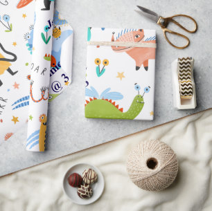 Schattigee Gepersonaliseerde Kleurrijke Dinosaurus Cadeaupapier