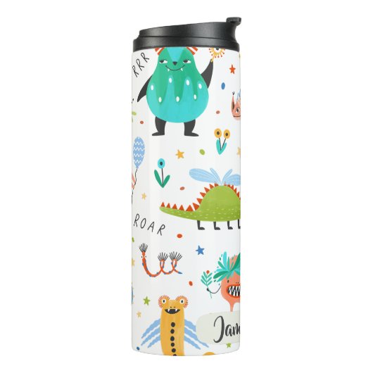 Schattigee Gepersonaliseerde Kleurrijke Dinosaurus Thermosbeker (Gedraaid links)