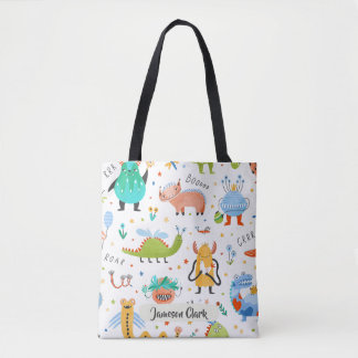 Schattigee Gepersonaliseerde Kleurrijke Dinosaurus Tote Bag