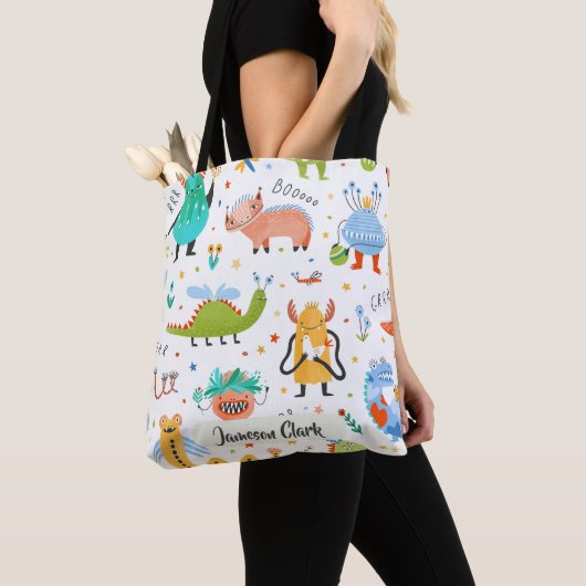 Schattigee Gepersonaliseerde Kleurrijke Dinosaurus Tote Bag (Dichtbij)