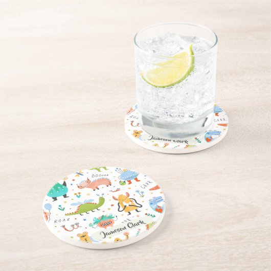 Schattigee Gepersonaliseerde Kleurrijke Dinosaurus Zandsteen Onderzetter (Zijkant)