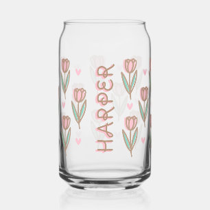 Schattigee Gepersonaliseerde Naam & Roze Tulp Bloe Blikvorm Glas