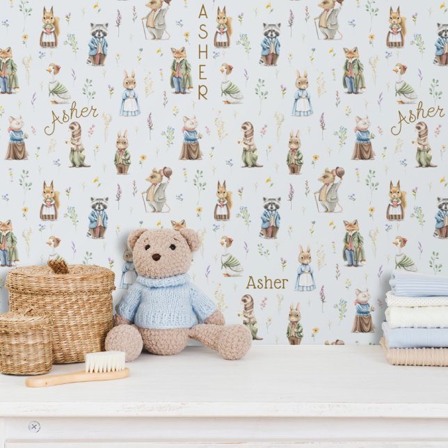 Schattigee gepersonaliseerde naam Woodland Animals Behang (Cute Baby blue boy custom name woodland animals forest friends theme nursery kids bedroom wallpaper)