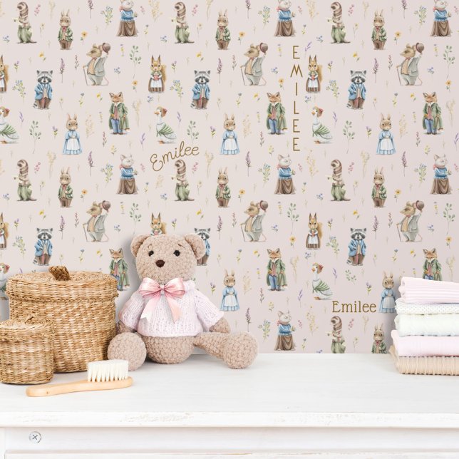Schattigee gepersonaliseerde naam Woodland Animals Behang (Cute vintage woodland animal forest friends Peter Rabbit storybook baby girl blush pink wallpaper)