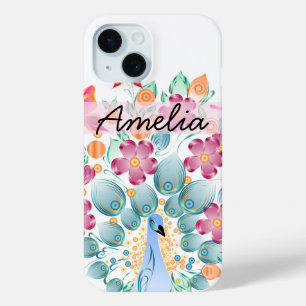 Schattigee gepersonaliseerde pauw bloemen iPhone 15 case