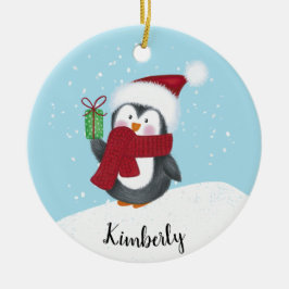 Schattigee gepersonaliseerde pinguïn kerst keramisch ornament