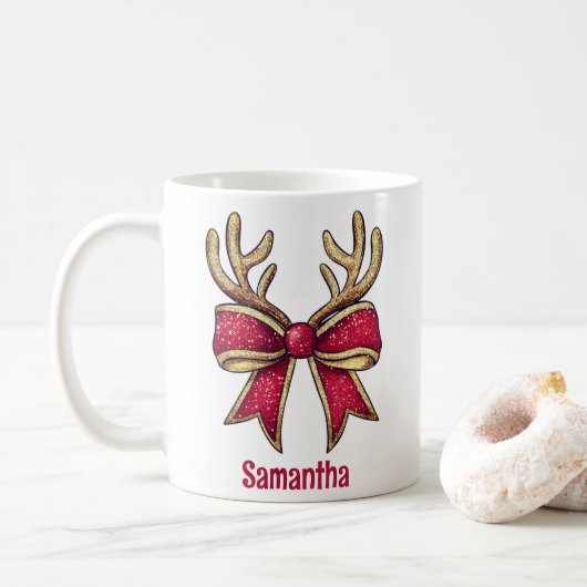 Schattigee Gepersonaliseerde Rendier Bow Kerstmis Koffiemok (Met donut)