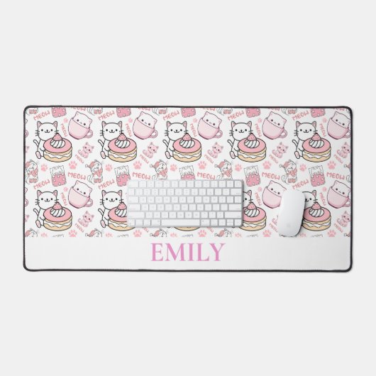 Schattigee gepersonaliseerde roze en witte Cat Des Bureaumat (Keyboard & Muis)
