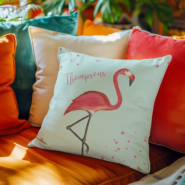 Schattigee gepersonaliseerde tropische roze flamin kussen (Pink flamingo and light blue custom throw pillow)