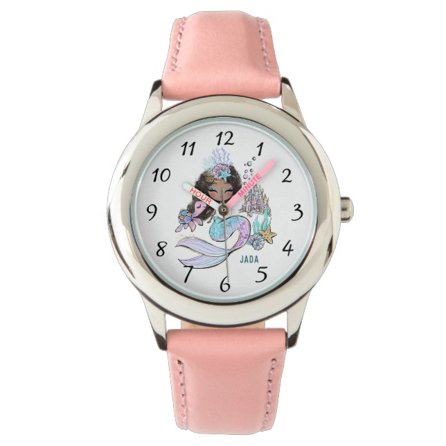 Schattigee gepersonaliseerde Waterverf Mermaid Kin Horloge (Voorkant)