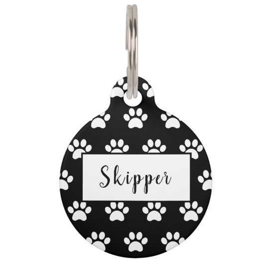 Schattigee gepersonaliseerde zwart-wit pow print huisdierpenning (Voorkant)