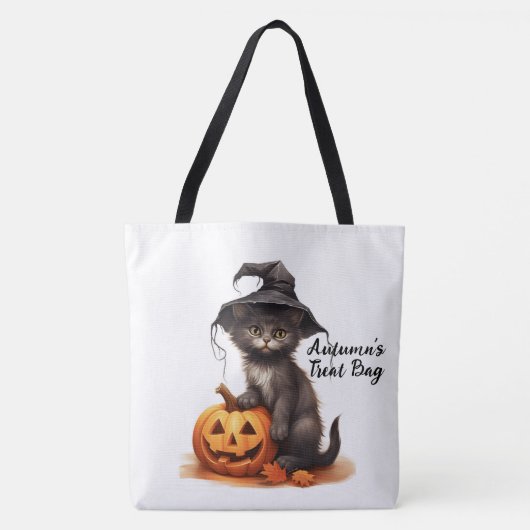 Schattigee gepersonaliseerde zwarte kat en pompoen tote bag (Voorkant)