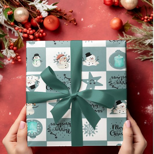 Schattigee geruite sneeuwman cadeaupapier