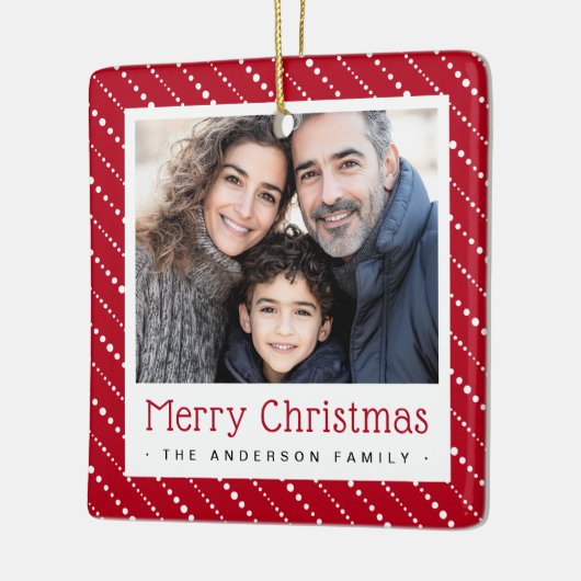 Schattigee gestippelde strepen vrolijke kerst rode keramisch ornament (Links)