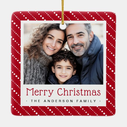 Schattigee gestippelde strepen vrolijke kerst rode keramisch ornament (Achterkant)