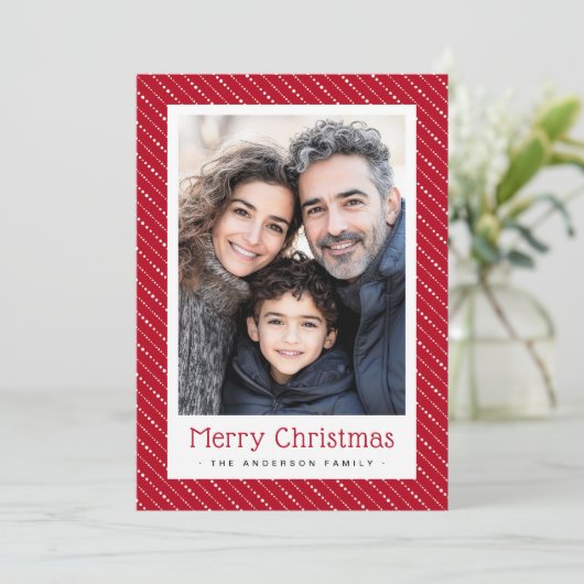 Schattigee gestippelde strepen vrolijke kerstfoto  feestdagenkaart (Staand voorkant)