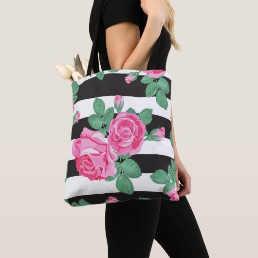 Schattigee gestreepte bloemige Canvas tas (Dichtbij)