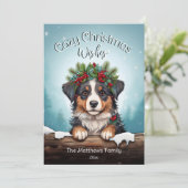 Schattigee gezellige kerstwensen Australian Shephe Feestdagenkaart (Staand voorkant)