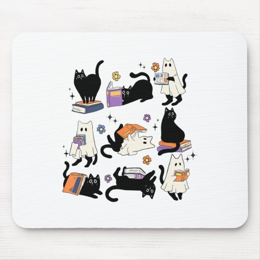 Schattigee Ghost Black Cat Leesboeken Spooky Hallo Muismat (Voorkant)