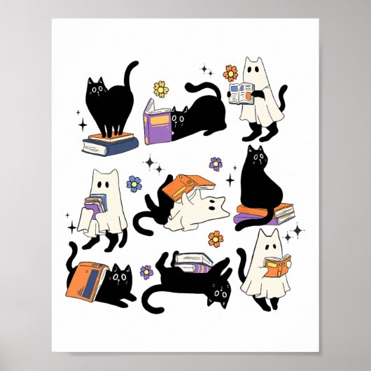 Schattigee Ghost Black Cat Leesboeken Spooky Hallo Poster (Voorkant)