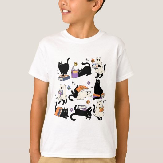 Schattigee Ghost Black Cat Leesboeken Spooky Hallo T-shirt (Voorkant)