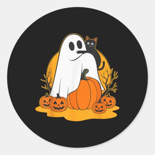 Schattigee Ghost Black Cat Pumpkin Halloween Spook Ronde Sticker (Voorkant)
