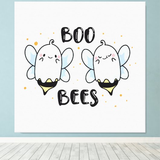 Schattigee Ghost Boo Bees - Funny Halloween op wit Canvas Afdruk (Insitu (Houten vloer))