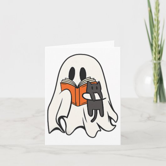 Schattigee Ghost Cat Leesboek Spooky Seizoen Hallo Kaart (Voorkant)