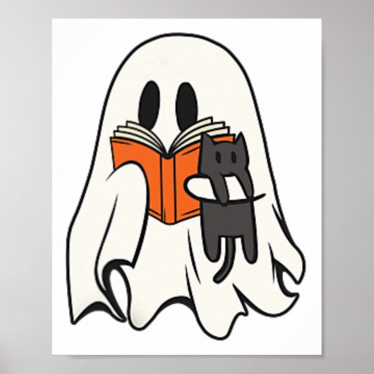 Schattigee Ghost Cat Leesboek Spooky Seizoen Hallo Poster (Voorkant)