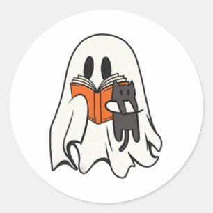 Schattigee Ghost Cat Leesboek Spooky Seizoen Hallo Ronde Sticker