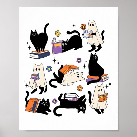 Schattigee Ghost Cat Leesboeken Lover Bookish Hall Poster (Voorkant)