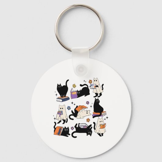 Schattigee Ghost Cat Leesboeken Lover Bookish Hall Sleutelhanger (Voorkant)