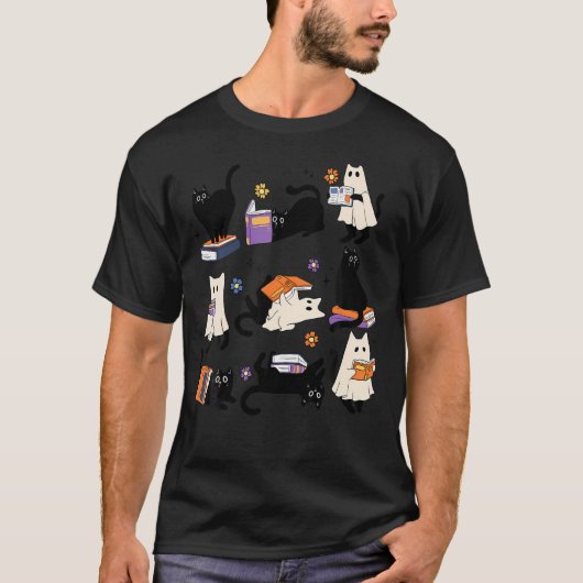 Schattigee Ghost Cat Leesboeken Lover Bookish Hall T-shirt (Voorkant)