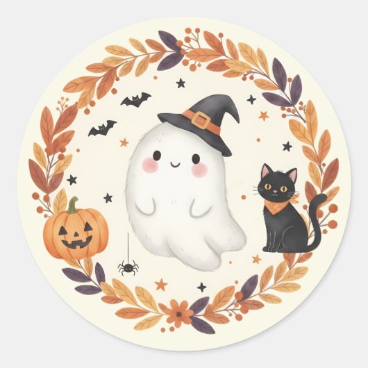 Schattigee Ghost Cat Pumpkin Herfstkrans Halloween Ronde Sticker (Voorkant)