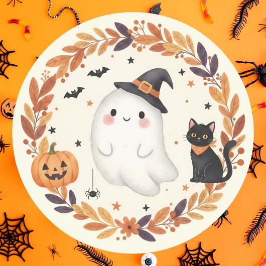 Schattigee Ghost Cat Pumpkin Herfstkrans Halloween Ronde Sticker