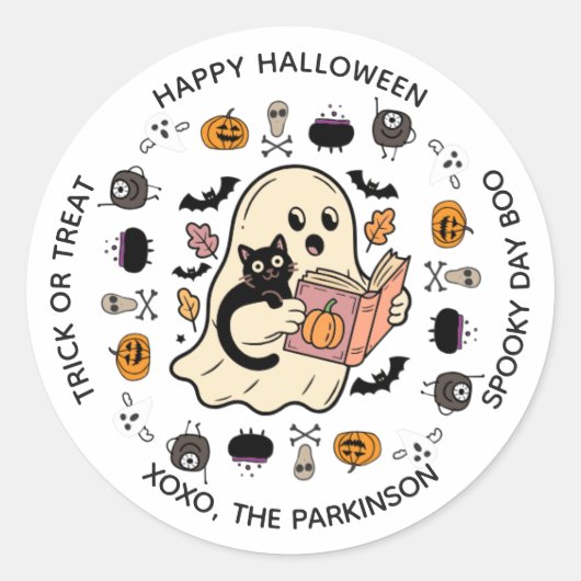 Schattigee Ghost & Cat Round Sticker - Halloween L (Voorkant)