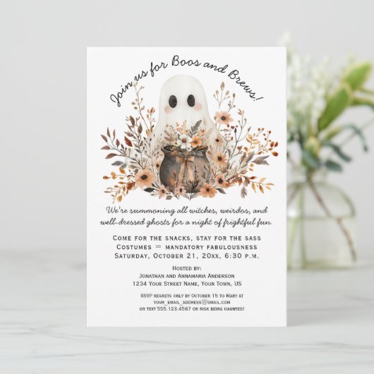 Schattigee Ghost Cauldron Herfstbloemen Halloween Kaart (Staand voorkant)