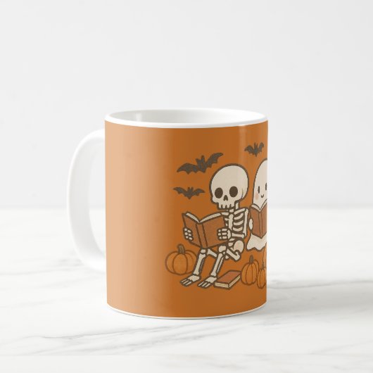 Schattigee Ghost en Skeleton Reading met Pumpkins Koffiemok (Voorkant links)