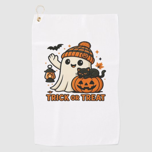 Schattigee Ghost en Zwarte Kat Trick or treat Over Golfhanddoek (Voorkant)