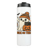 Schattigee Ghost en Zwarte Kat Trick or treat Over Thermosbeker (Voorkant)