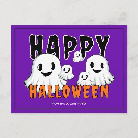 Schattigee Ghost Family Retro Paarse Happy Hallowe Feestdagenkaart