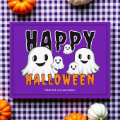 Schattigee Ghost Family Retro Paarse Happy Hallowe Feestdagenkaart
