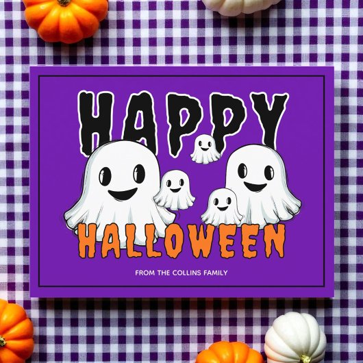 Schattigee Ghost Family Retro Paarse Happy Hallowe Feestdagenkaart