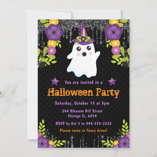 Schattigee Ghost Floral Halloween Party Kaart (Voorkant)