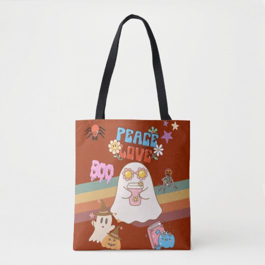 Schattigee Ghost Groovy Style Peace & Love Donkerb Tote Bag (Voorkant)