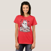 Schattigee Ghost Halloween Kawaii Pompoen & Bat De T-shirt (Voorkant volledig)