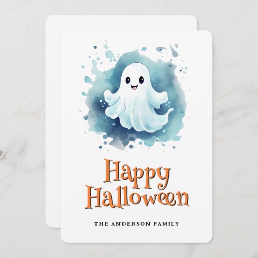 Schattigee Ghost Happy Halloween Kaart (Voorkant / Achterkant)