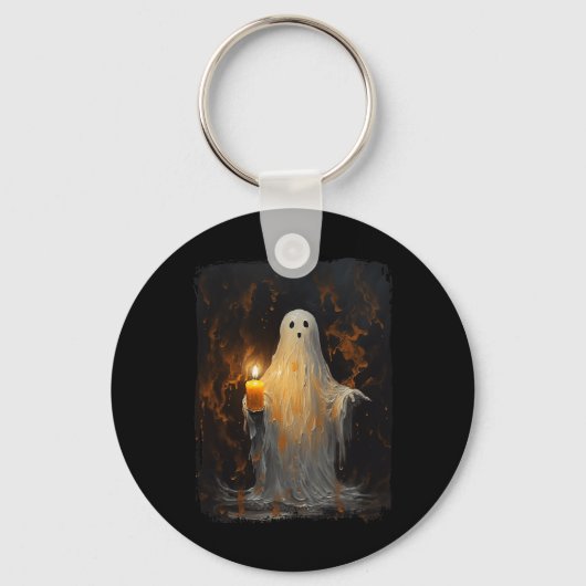 Schattigee Ghost Holding Candle Fun Halloween Goth Sleutelhanger (Voorkant)